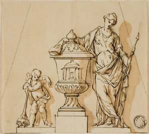 Design för ett begravningsmonument med öde, putto och urna av John Michael Rysbrack