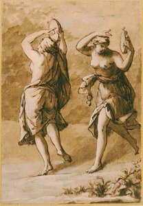Two Maenads, A Study (brun tvätt med vita höjdpunkter och brunt bläck på papper) av John Michael Rysbrack