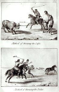 Metoder för att kasta Lasso och Bolas, från "Resor i Chile och La Plata" av John Miers, 1826 (litho) (bw foto) av John Miers