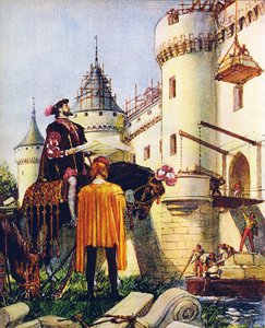 Kung Frans I av Frankrike, övervakar byggandet av slott (färglitografi) av John Millar Watt