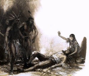 Pocahontas ingriper för att rädda livet på kapten Smith (gouache på papper)