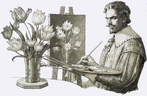 Oidentifierad konstnär målar blommor av John Millar Watt