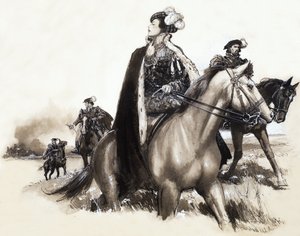 Oidentifierad drottning lämnar en rökande stad under eskort av John Millar Watt