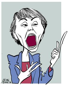 Camille Paglia - karikatyr med öppen mun av John Minnion