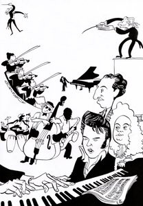 Music fantasia - omslag till musikbok eller artikel - med dirigenter, musiker, instrument, violin, trummor, kontrabas, saxofon, piano, partitur, Elvis, Bach, av John Minnion