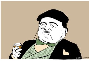 Reynaldo Hahn - karikatyr av den tysk-venezuelanska kompositören och dirigenten med ett glas vin av John Minnion