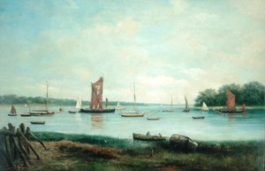Morgon på en östkustflod (olja på duk) av John Moore