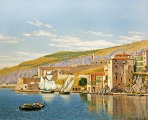 Utsikt över Villefranche-sur-Mer, Frankrike (olja ombord) av John Mulcaster Carrick