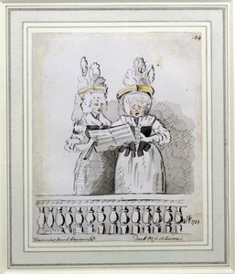 En duett av miss Harriett och miss Theodosia Abrams, Harrisons konsert, Hanover Square, 1788 (bläck och tvätt) av John Nixon