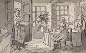 Figurer som sitter vid ett bord och serveras mat, Crockem Wells, Devonshire av John Nixon