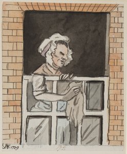 Hemhjälp som städar fönster, 1789 (bläck & wc på papper) av John Nixon