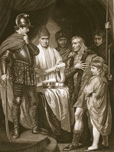 Baliol överlämnar sin krona till Edward I, graverad av J. Parker, illustration från David Humes "The History of England", pub. av R. Bowyer, London, 1812 av John Opie