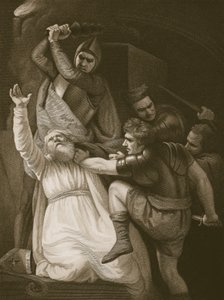 The Death of Becket, graverad av J. Stowe, illustration från David Humes "The History of England", pub. av R. Bowyer, London, 1812