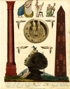 En vy över sfinxen vid pyramiderna i Gizeh: en patera laddad med porträtten av Osiris och Isis och skulpturer av egyptiska musiker, Pompejus eller Dioclesians pelare och Kleopatras nål av John Pass