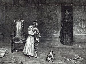 Grevinnan av Derbys utseende i det gyllene rummet, scen från Scotts "Peveril of the Peak", från "Leisure Hour", 1888 av John Pettie