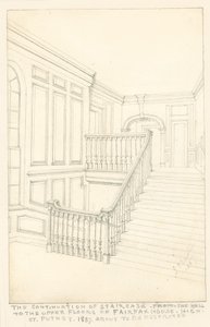Fortsättningen av trappan, från hallen till de övre våningarna, i Fairfax House, High Street, Putney, 1887