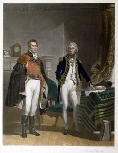 Ett möte mellan generalmajor Sir Arthur Wellesley och viceamiral Horatio Nelson, september 1805, graverat av Samuel William Reynolds (1794-1872), pub. av A.J. Isaacs av John Prescott (after) Knight