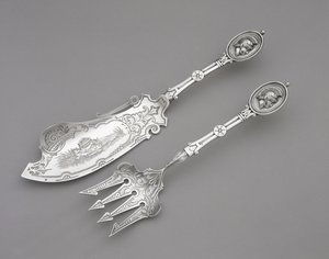 Fiskgaffel och kniv, ca. 1862-1870 (silver) av John R. Wendt