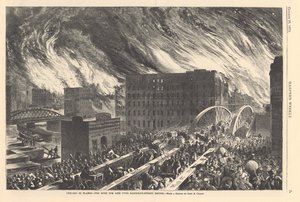 Chicago i lågor - rushen för livet över Randolph Street Bridge, illustration från Harpers Weekly, 1871 av John Reuben after Chapin