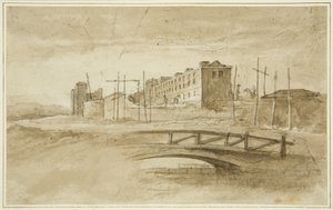 Nytt mål under byggnad, sett från Harford Bridge, ca 1820 (penna och akvarell på papper)