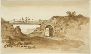 Tillfällig bro på Coronation Road mittemot New Gaol, ca 1821 (penna- och sepiatvätt på papper)