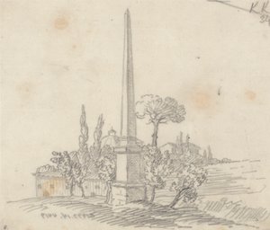 En Obelisk med tak och träd i fjärran av John Robert Cozens