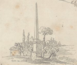 En obelisk med tak och träd i fjärran av John Robert Cozens