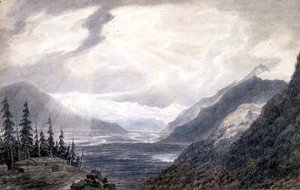 PD.6-1965 Pays de Valais, nära Genèvesjön, ca 1776 (indisk bläck, penna och tvätt på papper) av John Robert Cozens