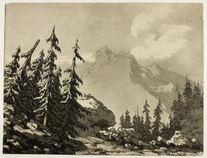 Pinjeträd i bergen av John Robert Cozens