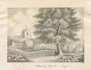 Aldridge Church: ritning med penna och tvätt, nd [1800-talet] av John Robert Fernyhough