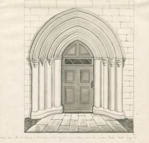 Uttoxeter Church - South Door: ritning med penna och tvätt, och [?mitten av 1800-talet] (ritning) av John Robert Fernyhough