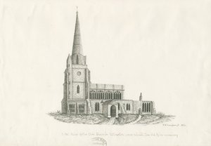 Uttoxeter Church [Gammal]: ritning med penna och bläck, 1836 av John Robert Fernyhough