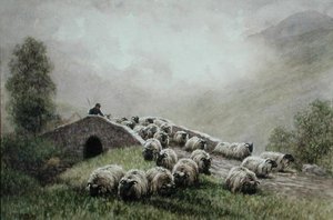 Highland Bridge med herde och flock (akvarell på papper) av John Robert Keitley Duff