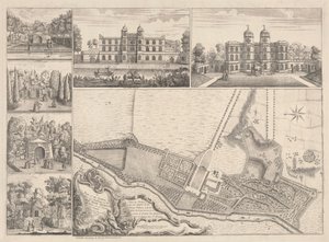 A Plan of the Gardens & View of Ye Buildings of ye Right Ärade Henry Pelham, Esqr. på Echa i Ye County of Surrey av John Rocque