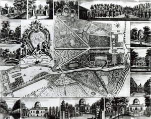 Plan över trädgården och husen i Chiswick vid Themsen av John Rocque