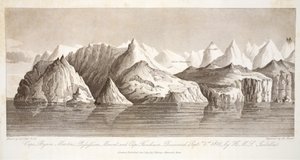Cape Byam Martin, Pofsefsion Mount och Cape Fanshawe, upptäckt 1 september 1818 av HMS Isabella, illustration från "A Voyage of discovery...", 1819 av John Ross