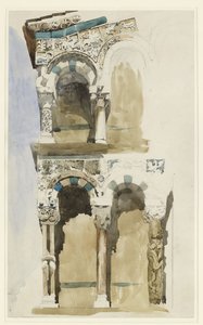 Del av fasaden på den förstörda kyrkan San Michele in Foro, Lucca, skisserad i färg 30 juni-1 juli 1846 (akvarell över grafit på papper) av John Ruskin