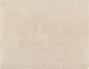 Pennkontur av en del av fresken av "Jobs vänner", 1845 av John Ruskin
