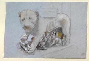 Skiss av lejoninna och ungar från Nicola Pisanos Siena Predikstol, juni 1870 av John Ruskin