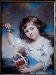 Porträtt av en liten flicka i korgen med körsbär, målning av John Russel (1745-1806) 1800-talet