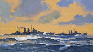 De brittiska kryssarna HMS Exeter och HMS York (gouache på papper) av John S. Smith
