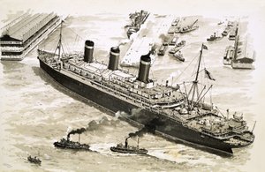 Ångfartyget Leviathan styrs in mot en pir i New Yorks hamn av bogserbåtar av John S. Smith