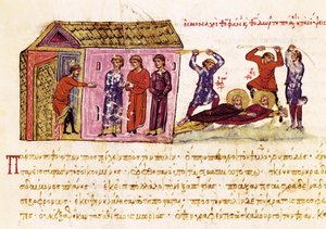 Munkarna Saint Theophanes the Confessor (c.759-818) och Saint Theodore the Studite (759-826) piskade på order av kejsar Theophile, miniatyr från "Synopsis historiarum", ca 1126-1150 av John Scylitzes