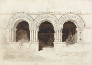 Bågar på västra sidan av klostret St. Georges de Boscherville, nära Rouen, Normandie, ca 1818 (grafit, brun tvätt och penna och bläck på papper på kort) (se 172543) av John Sell Cotman