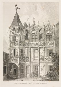 Architectural Antiquities of Normandy Vol. II, Pl. 64: Hus på Place de la Pucelle i Rouen, av John Sell Cotman