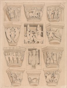 Huvudstäder och A & B Bas-reliefer i Abbey Church of Saint Georges de Bocherville, nära Rouen, Normandie av John Sell Cotman