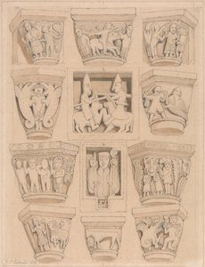 Kapitäl och A amp; B Bas-Reliefs i klosterkyrkan Saint Georges de Bocherville, nära Rouen, Normandie av John Sell Cotman