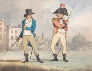 Karikatyr av två män med dragna svärd (en av en uppsättning av tre) av John Sell Cotman