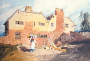 Stugor med en tvättkvinna (Elm Hill, Norwich) c.1808-9 av John Sell Cotman