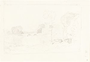 Landskapsskiss med bro och slott av John Sell Cotman